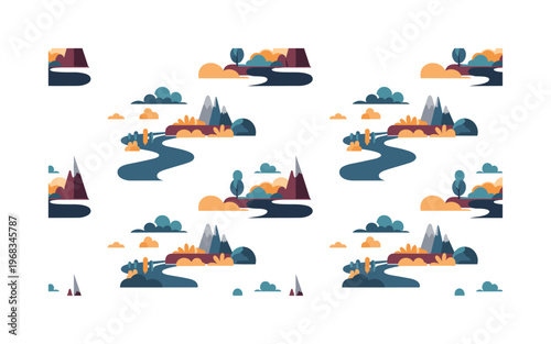 open horizon icons seamless pattern, repeating pattern, surface design, textile print, modern illustration of distant landscapes, rivers, clouds, mountains,