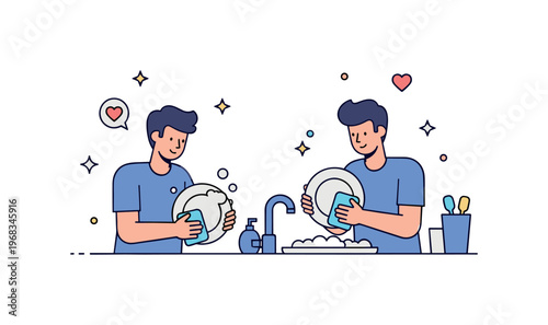 Washing dishes teamwork concept where two people wash and dry dishes together while tiny sparkle and heart icons highlight cooperation, shared responsibility,