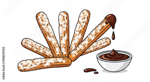 Flat lay illustration of churros with powdered sugar next to a bowl of chocolate sauce on a clean white background.