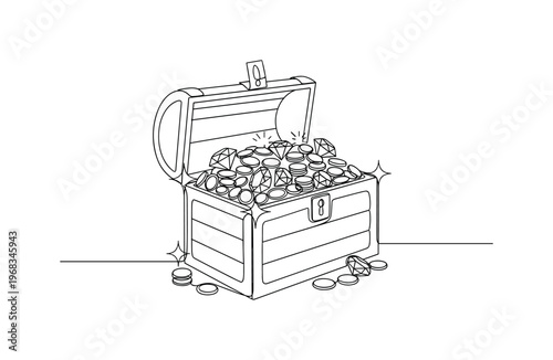 Gold and Gems. Minimalistic one-line drawing open treasure chest with coins and sparkling gemstones, continuous single black line on white background, simple