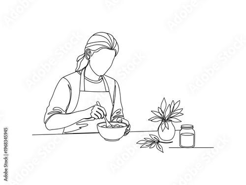 Crafting Face Cream. Minimalistic one-line drawing individual stirring mixture for homemade skincare, continuous single black line on white background, simple