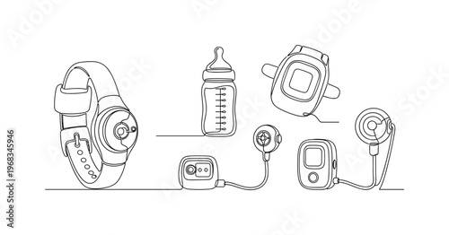Smart Parenting Tools. Minimalistic one-line drawing wearable baby tracker, feeding bottle, and monitoring devices, continuous single black line on white