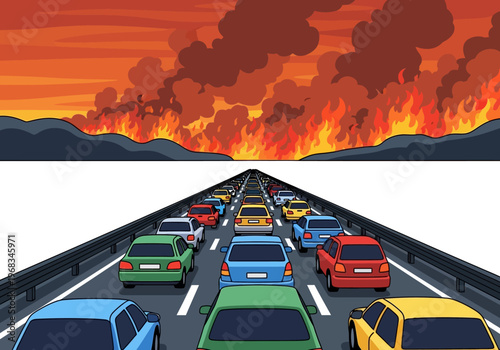 Traffic jam on highway with wildfire in the background symbolizing disaster and evacuation