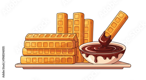 Illustration of wafers on a tray with a bowl of chocolate sauce and a wafer stick dipped in it on a plain white background.