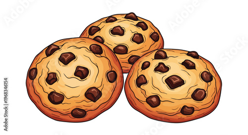 Illustration of three chocolate chip cookies on a white background with a flat design style and warm color tones.