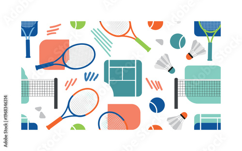 racket play seamless pattern, repeating pattern, surface design, textile print, modern illustration of tennis and badminton rackets, balls, shuttlecocks, nets