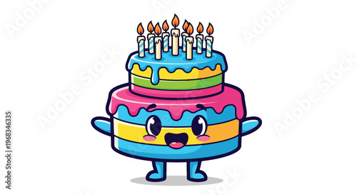 A colorful cartoon cake with a smiling face and lit candles on top against a clean white background.