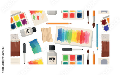 art composition seamless pattern, repeating pattern, surface design, textile print, modern illustration of mixed media tools, watercolor swatches, brushes,
