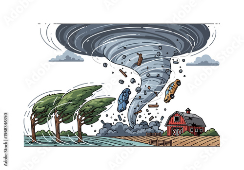 Tornado destroying a farm with trees, cars and house being swept away by the strong winds and debris