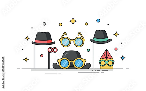 Stage props comedy show scene where humorous props such as oversized glasses and hats are arranged while small sparkle and star icons emphasize fun,
