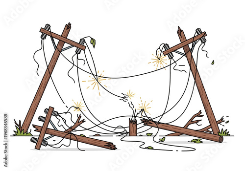 Damaged electrical poles and tangled wires causing a blackout illustration