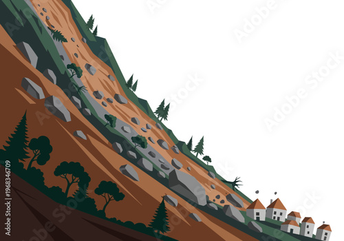 Illustration depicting a massive landslide threatening a small village nestled at the base of a steep mountain