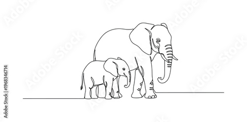 Baby Elephants. Minimalistic one-line drawing small elephant calf standing beside mother, continuous single black line on white background, simple outline