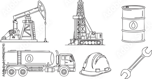 Black and white of oil drilling rigs trucks barrels and pumpjacks oil rig oil derrick oil barrel