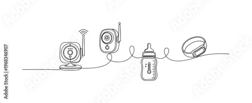 Parenting Innovation Concept. Minimalistic one-line drawing connected smart devices like baby monitor, bottle, and wearable tracker, continuous single black