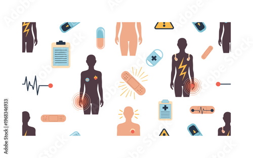 stabbing sensation icons seamless pattern, repeating pattern, surface design, textile print, modern illustration of body silhouettes, jagged pain lines,