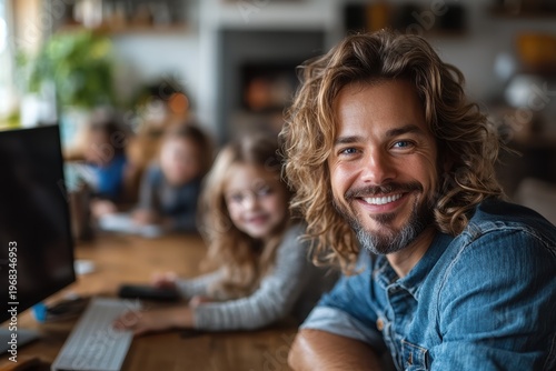 Parents work from home while children learn in background during afternoon