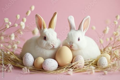 Bunnies and eggs on a pastel background for Easter celebration in spring