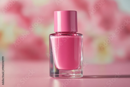 Pink nail polish bottle on manicure master table at beauty salon with soft background focus