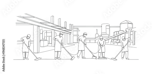 Industrial Facility Cleaning. Minimalistic one-line drawing cleaners with broom and mop maintaining factory cleanliness, continuous single black line on white