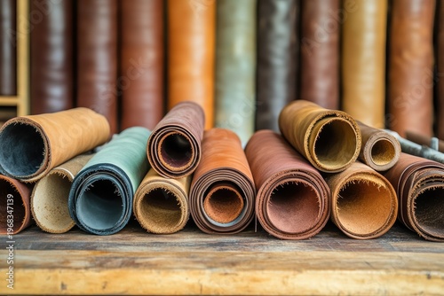 Leather rolls arranged on a workbench in a tanner shop with simple and practical design