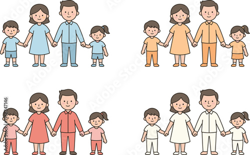 Happy family collection with father mother and two children in colorful outfits, cad drawing flat vector illustration