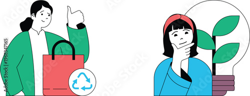 Two women representing eco-friendly shopping and thoughtful consumption with positive and contemplative expressions