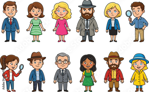 Large collection of diverse cartoon characters including professionals and detectives, cad drawing flat vector illustration