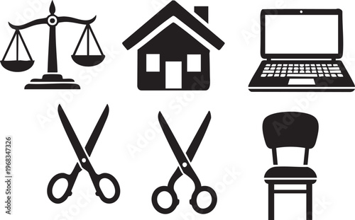 Twelve black silhouette of a scale justice house computer chair and gender symbols black silhouettes