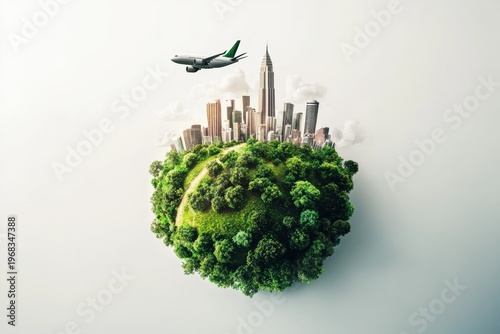 City skyline with green landscape and airplane flying above in a sustainable travel scene