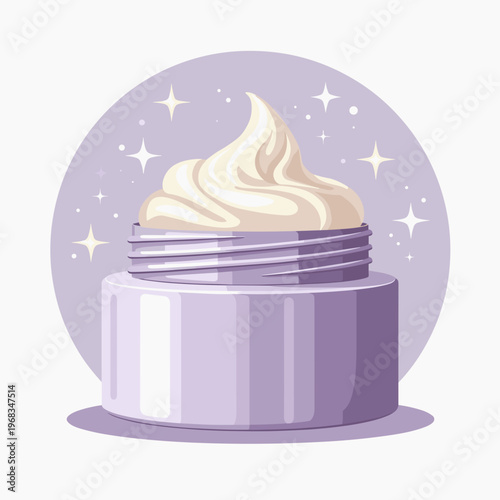 cosmetic cream jar with sparkling stars for beauty blogs, skincare websites, greeting card clipart, stationery design, wellness presentations and dermatology awareness, with copy space