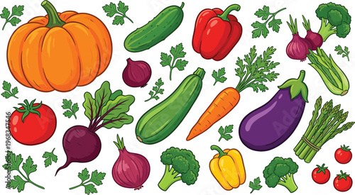Fresh Organic Vegetables Collection Vector Illustration, Healthy Vegan Food Icons Set Isolated on White Background