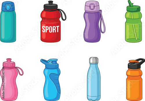 Set of Sport Water Bottles Vector Illustration, Colorful Reusable Drink Containers for Fitness and Gym Workout