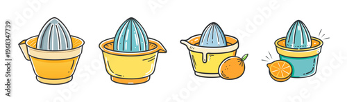 Schilderij op canvas Collection of four hand-drawn citrus juicer icons with oranges for fresh juice