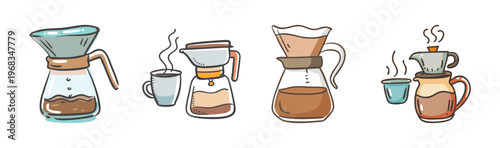 Coffee brewing methods, pour over and moka pot, hot beverage preparation, vector illustration
