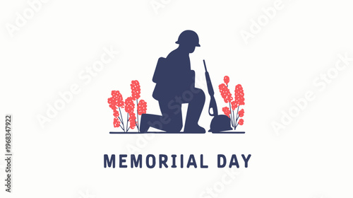 Kneeling soldier silhouette with American flag in respectful Memorial Day tribute, patriotic vector background honoring fallen military heroes