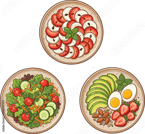 Healthy Salad Bowls Collection Vector Illustration, Fresh Organic Food Plates with Avocado Eggs and Caprese