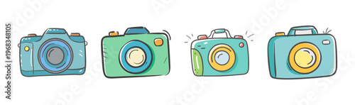 Assortment of four cute cartoon cameras for photography enthusiasts
