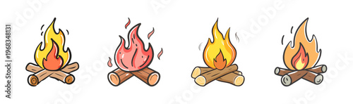 Set of four cartoon campfires with logs and flames for outdoor settings.