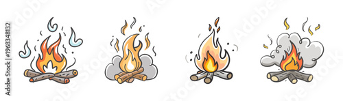 Collection of four cartoon campfires with flames and smoke details