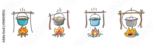 Campfire cooking with pots over open flames, outdoor adventure and wilderness meals.