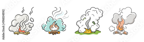 Collection of four cartoon campfires with varying smoke and flame intensity