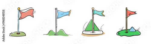 Hand-drawn cartoon flags on poles in grassy areas, outdoor camping symbols.