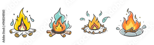 Group of four hand-drawn cartoon campfires for outdoor cooking and cozy evening ambiance