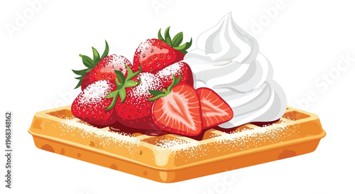 A delicious waffle topped with strawberries and whipped cream on a clean white background.