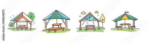 Hand-drawn cartoon picnic shelters with tables and benches, outdoor recreation symbols.