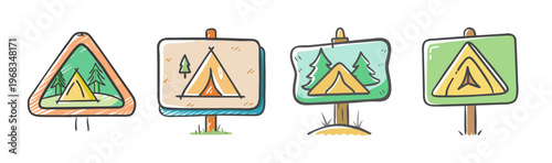 Hand-drawn camping signs with tents and trees, indicating outdoor adventure and nature.