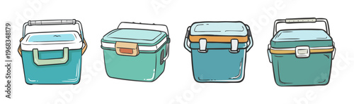 Collection of four colorful cartoon camping coolers with handles and latches