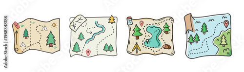 Hand-drawn campground trail maps with routes, trees, lakes, and pins.