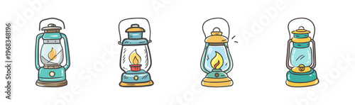 Collection of four vintage camping lanterns with glowing flames, hand-drawn style.